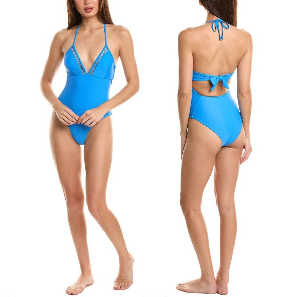 REISS Gia Halter One Piece SWIMSUIT Size US 8 Blue NEW